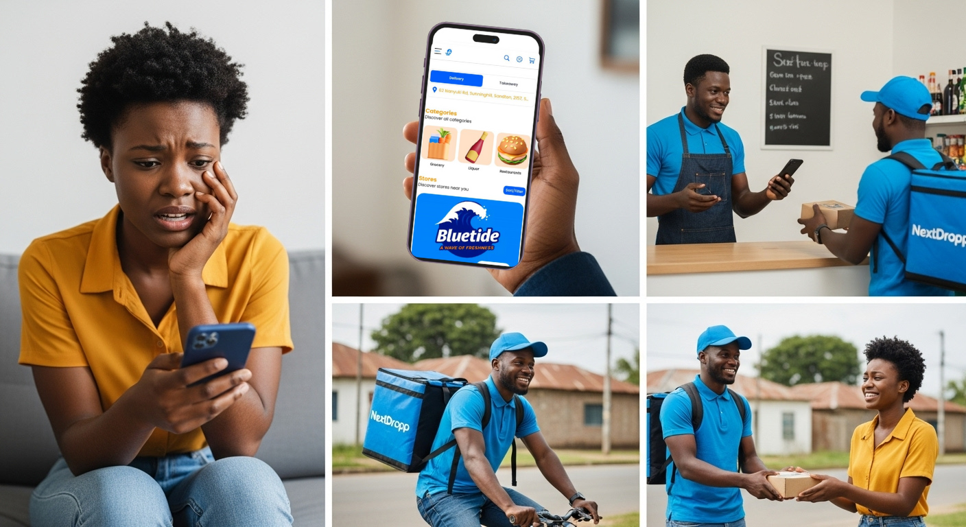 Two smiling NextDropp delivery people in red uniforms holding pizza boxes at a doorway